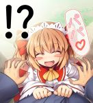  !? 1boy 1girl :d ^_^ ascot bangs blush_stickers bow brown_hair chima_q closed_eyes eyebrows_visible_through_hair facing_viewer hair_bow headdress long_sleeves open_mouth pov red_bow short_hair smile speech_bubble sunny_milk sweat touhou translation_request twintails yellow_neckwear 