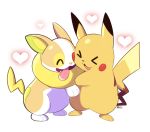  &gt;_&lt; :3 :d ^_^ artsy-rc closed_eyes commentary english_commentary gen_1_pokemon gen_8_pokemon heart highres hug no_humans open_mouth pikachu pokemon pokemon_(creature) signature simple_background smile tongue tongue_out white_background yamper 