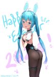  1girl :d animal_ears artist_name bangs black_leotard blue_eyes blue_hair blush breasts brown_legwear bunny_tail bunnysuit commentary_request easter eyebrows_visible_through_hair fake_animal_ears hair_between_eyes hand_up happy_easter hatsune_miku highres leotard liclac long_hair looking_at_viewer looking_to_the_side open_mouth pantyhose puffy_short_sleeves puffy_sleeves rabbit_ears short_sleeves shrug_(clothing) signature skindentation small_breasts smile solo strapless strapless_leotard tail thigh_strap twintails very_long_hair vocaloid white_background 