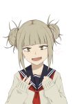  1girl absurdres bangs blonde_hair blunt_bangs blush boku_no_hero_academia collarbone commentary double_bun highres l.tea long_sleeves looking_at_viewer open_mouth school_uniform serafuku short_hair simple_background smile solo toga_himiko uniform white_background yellow_eyes 