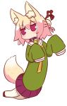  1girl animal_ear_fluff animal_ears bangs bell bell_collar blonde_hair blush brown_collar brown_footwear collar commentary_request eyebrows_visible_through_hair fox_ears fox_girl fox_tail full_body green_shirt hair_between_eyes hair_bun hair_ornament jingle_bell kemomimi-chan_(naga_u) long_sleeves looking_away looking_to_the_side naga_u orange_neckwear original red_eyes ribbon-trimmed_legwear ribbon_trim shirt sidelocks simple_background sleeves_past_fingers sleeves_past_wrists solo tail thigh-highs white_background white_legwear 