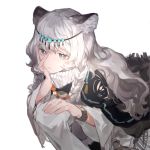  1girl animal_ear_fluff animal_ears arknights bead_necklace beads black_cloak braid chin_rest circlet cloak closed_mouth expressionless grey_eyes hand_on_own_cheek highres iris_(user_pskd5754) jewelry leopard_ears long_hair necklace pramanix_(arknights) ribbed_sweater silver_hair simple_background solo sweater turtleneck turtleneck_sweater twin_braids watch watch white_background white_sweater 