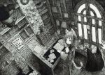  2girls :3 absurdres animal_ears book_stack cat_ears cat_tail chair clock closed_mouth envelope eyebrows_visible_through_hair greyscale hanging_light highres indoors long_hair looking_at_another monochrome multiple_girls original scenery short_hair sitting tail usio_ueda window 