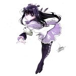  1girl akemi_homura black_hair closed_mouth ejami hairband long_hair looking_at_viewer magical_girl mahou_shoujo_madoka_magica pantyhose simple_background skirt solo violet_eyes white_background 