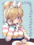  1girl alpaca_ears alpaca_girl alpaca_suri_(kemono_friends) alternate_costume animal_ears blue_eyes blush book bow commentary_request eyebrows_visible_through_hair fluffy hair_bow hair_bun hair_over_one_eye hair_tubes hairband head_on_hand highres ichi001 kemono_friends kemono_friends_3 long_sleeves looking_at_viewer pajamas short_hair sitting solo white_hair 