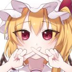  1girl bangs blonde_hair blurry blurry_background covered_mouth crossed_fingers depth_of_field eringi_(rmrafrn) eyebrows_visible_through_hair flandre_scarlet hair_between_eyes hands_up hat long_hair looking_at_viewer mob_cap one_side_up portrait red_eyes simple_background solo symbol-shaped_pupils touhou white_background white_headwear wings 
