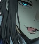  1girl :p black_hair blue_eyes close-up eizouken_ni_wa_te_wo_dasu_na! freckles henriiku_(ahemaru) kanamori_sayaka long_hair open_mouth out_of_frame shade smile solo tongue tongue_out 