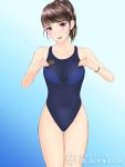  1girl arena_(company) black_hair blue_background blue_swimsuit collarbone commentary_request competition_swimsuit cowboy_shot flat_chest gradient gradient_background highleg highleg_swimsuit looking_at_viewer one-piece_swimsuit open_mouth original short_hair smile solo swimsuit thigh_gap upper_teeth violet_eyes yukinoshita_mizuka 