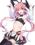 1boy animal_ears astolfo_(fate) astolfo_(saber)_(fate) bare_shoulders black_bow black_gloves black_neckwear black_ribbon bow bowtie fang fate/apocrypha fate/grand_order fate_(series) gloves hair_intakes highres layered_skirt long_hair low_twintails midriff multicolored_hair otoko_no_ko pink_hair rabbit_ears remieru ribbon skin_fang skirt streaked_hair twintails violet_eyes white_hair wing_collar 