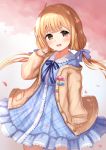  1girl :d a-1_pictures ahoge bandai_namco bangs blonde_hair blue_bow blue_dress blush bow brown_eyes brown_jacket commentary_request cute dress eyebrows_visible_through_hair futaba_anzu hair_bow hand_up head_tilt idolmaster idolmaster_cinderella_girls idolmaster_cinderella_girls_starlight_stage jacket loli long_hair long_sleeves looking_at_viewer low_twintails manda_(manda9n) off_shoulder open_clothes open_jacket open_mouth petals plaid plaid_dress sailor_collar sailor_dress sleeves_past_wrists smile solo standing striped striped_bow twintails very_long_hair white_sailor_collar 