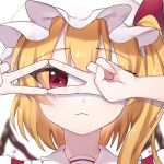  1girl :&lt; bangs blonde_hair blurry blurry_background closed_mouth depth_of_field double_v eringi_(rmrafrn) eyebrows_visible_through_hair flandre_scarlet hair_between_eyes hands_up hat long_hair looking_at_viewer mob_cap one_side_up portrait red_eyes simple_background solo symbol-shaped_pupils touhou triangle-shaped_pupils v v_over_eye white_background white_headwear wings 