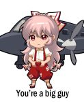  1girl aircraft airplane bangs bow chibi chinese_commentary commentary_request english_text eyebrows_visible_through_hair fujiwara_no_mokou full_body hair_between_eyes hair_bow long_hair looking_at_viewer ofuda pants pink_eyes pink_hair puffy_short_sleeves puffy_sleeves red_footwear red_pants shangguan_feiying shirt shoes short_sleeves sidelocks simple_background solo standing suspenders touhou very_long_hair white_background white_bow white_shirt 