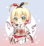  1girl ahoge azur_lane bangs black_gloves blonde_hair blush chibi commentary eyebrows_visible_through_hair fur-trimmed_kimono fur_trim furisode gloves green_eyes hair_ribbon hairband japanese_clothes kimono long_sleeves looking_at_viewer obi obijime open_mouth pleated_skirt red_ribbon red_skirt ribbon sash short_hair sidelocks skirt solo southampton_(azur_lane) southampton_(new_year&#039;s_little_knight) thigh-highs tsukimiya_yuuko white_legwear 