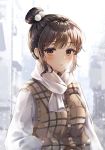  1girl blush brown_eyes brown_hair connie_(keean2019) eyebrows_visible_through_hair hair_bun looking_at_viewer original parted_lips scarf short_hair snow snowing solo upper_body white_scarf winter 