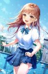  1girl blue_skirt blush breasts brown_eyes brown_hair collared_shirt connie_(keean2019) day eyebrows_visible_through_hair hose large_breasts long_hair looking_at_viewer open_mouth original outdoors pool shirt short_sleeves skirt smile solo upper_teeth water water_drop white_shirt 