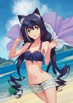  1girl animal_ear_fluff animal_ears bangs bare_arms bare_shoulders beach bikini bikini_under_clothes black-framed_eyewear blue_bikini blue_sky bow breasts cat_ears cat_girl cat_tail clouds collarbone cowboy_shot day drill_hair eyebrows_visible_through_hair eyewear_on_head food fruit green_eyes hair_bow highres holding holding_towel kyaru_(princess_connect) long_hair low_twintails multicolored_hair navel ocean open_clothes open_fly open_shorts outdoors parted_lips princess_connect! princess_connect!_re:dive purple_bow sanbaisoku_ikaros short_shorts shorts sky small_breasts smile solo stomach streaked_hair sunglasses swimsuit tail towel twintails very_long_hair w_arms water watermelon white_hair white_shorts 