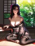  1girl alternate_costume bare_shoulders black_hair black_legwear branch breasts brown_eyes collarbone final_fantasy final_fantasy_vii final_fantasy_vii_remake flower hair_flower hair_ornament highres japanese_clothes kimono large_breasts liang_xing looking_at_viewer off_shoulder parted_lips shade sitting solo table thigh-highs tifa_lockhart wariza 
