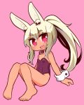  1girl :d animal_ear_fluff animal_ears bangs bare_legs bare_shoulders barefoot blush breasts collar collarbone commentary_request eyebrows_visible_through_hair full_body hair_between_eyes heart heart-shaped_pupils high_ponytail highres knees_up leotard light_brown_hair long_hair looking_at_viewer masurao_(sekaiju) naga_u open_mouth pink_background ponytail purple_leotard rabbit_ears red_collar red_eyes sekaiju_no_meikyuu sekaiju_no_meikyuu_5 sidelocks simple_background sitting small_breasts smile solo strapless strapless_leotard symbol-shaped_pupils thick_eyebrows upper_teeth very_long_hair wrist_cuffs 