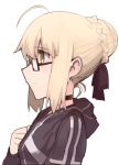  1girl ahoge artoria_pendragon_(all) black-framed_eyewear black_choker black_ribbon blonde_hair blush boa_(brianoa) braid braided_bun choker closed_mouth fate/grand_order fate_(series) glasses grey_hoodie hair_bun hair_ribbon hand_up highres hood hood_down hoodie long_sleeves mysterious_heroine_x_(alter) ribbon short_hair sidelocks simple_background solo upper_body white_background yellow_eyes 