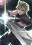  1boy absurdres baggy_pants black_gloves blonde_hair blue_eyes buster_sword cloud_strife deco_(fj_eel) earrings final_fantasy final_fantasy_vii final_fantasy_vii_remake gloves highres holding holding_sword holding_weapon jewelry lens_flare pants short_hair single_pauldron sleeveless sleeveless_turtleneck solo spiky_hair stud_earrings sword toned turtleneck weapon 