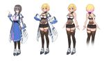  1girl azur_lane black_hair blonde_hair blue_eyes braid character_sheet glasses highres labcoat marblehead_(azur_lane) name_tag navel short_shorts shorts silver_(yin) thigh-highs twin_braids 