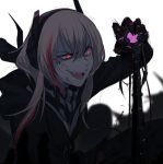  1girl black_jacket blonde_hair blood blood_on_face fangs girls_frontline gloves headgear jacket long_hair m4_sopmod_ii_(girls_frontline) maiqtells multicolored_hair open_mouth red_eyes redhead smile solo streaked_hair two-tone_hair upper_body 