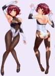  1girl azur_lane back black_footwear blush breasts brown_hair brown_legwear cleavage_cutout commissioner_upload cosplay dakimakura elbow_gloves eyebrows_visible_through_hair fingerless_gloves full_body gloves gradient_hair grey_background highres kantai_collection leotard looking_at_viewer looking_back lying medium_breasts multicolored_hair mutsuki_(kantai_collection) on_back pantyhose racequeen redhead shoes short_hair simple_background solo takao_(azur_lane) takao_(azur_lane)_(cosplay) tarou_(user_tpmh7442) torn_clothes torn_legwear 