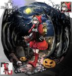  1girl absurdres arknights dagger full_moon highres jack-o&#039;-lantern lantern little_red_riding_hood little_red_riding_hood_(grimm) moon night projekt_red_(arknights) red_footwear red_hood solo solo_focus tombstone tree vyragami weapon white_hair withered 