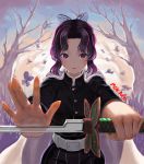  1girl absurdres artist_name backlighting bangs bare_tree belt belt_buckle black_jacket blush buckle bug butterfly cape closed_mouth cowboy_shot highres holding holding_sword holding_weapon insect jacket kimetsu_no_yaiba kochou_shinobu long_sleeves looking_at_viewer outstretched_arms palms parted_bangs purple_hair red_lips short_hair sidelocks smile solo striped sword team_moka tree vertical_stripes violet_eyes weapon white_cape 