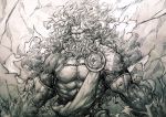  1boy beard blank_eyes circlet facial_hair fate/grand_order fate_(series) graphite_(medium) highres kupa_(jesterwii) lightning long_hair male_focus monochrome muscle traditional_media zeus_(fate/grand_order) 