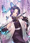  2019 artist_name belt black_hair blush breasts bug butterfly butterfly_hair_ornament eyebrows_visible_through_hair hair_ornament highres holding holding_sword holding_weapon insect kimetsu_no_yaiba kochou_shinobu large_breasts long_sleeves looking_at_viewer multicolored_hair open_mouth purple_hair purple_nails short_hair smile sword two-tone_hair upper_teeth violet_eyes weapon white_belt yume_ou 