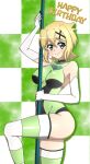  1girl akatsuki_kirika blonde_hair blush breasts dontakadx elbow_gloves gloves green_eyes green_leotard hair_ornament happy_birthday highres leotard looking_at_viewer medium_breasts pole pole_dancing senki_zesshou_symphogear shiny shiny_hair shiny_skin short_hair smile solo standing striped striped_legwear stripper_pole thighs x_hair_ornament 