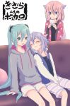  1girl 2others :3 aqua_hair arm_support between_legs black_shirt blue_eyes blue_hair blue_jacket cellphone cherry_blossom_print closed_eyes commentary couch drawstring expressionless floral_print grey_hoodie hair_tie hand_between_legs hatsune_miku highres holding holding_phone hood hoodie jacket kisalaundry meika_hime meika_mikoto multiple_others open_mouth petting phone pink_hair robe shirt short_shorts shorts signature sitting smartphone smile standing striped striped_shorts translated twintails vocaloid white_background white_shorts 