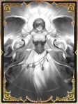  1girl angel angel_wings artist_request bare_shoulders card chain detached_sleeves gold_trim hair_over_eyes halo long_hair monochrome official_art reaching_out shadowverse smile solo very_long_hair wide_sleeves wings 
