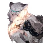  1girl animal_ear_fluff animal_ears arknights bead_necklace beads black_cloak braid chin_rest circlet cloak closed_mouth expressionless grey_eyes hand_on_own_cheek hand_on_own_face iris_(user_pskd5754) jewelry leopard_ears light_rays long_hair necklace pramanix_(arknights) ribbed_sweater silver_hair simple_background solo sweater turtleneck turtleneck_sweater twin_braids watch white_background white_sweater 