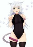  1girl animal_ears bangs bare_shoulders bell black_swimsuit blush breasts cat_ears cat_tail check_copyright collarbone commentary_request covered_navel eyebrows_visible_through_hair fangs grey_hair highleg l.tea large_breasts looking_at_viewer open_mouth original paw_print smile solo swimsuit tail thigh-highs 