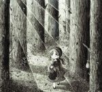  1girl absurdres child closed_mouth eyebrows_visible_through_hair greyscale highres light_rays long_hair looking_away monochrome original outdoors scenery solo sunbeam sunlight tree usio_ueda walking wavy_hair 