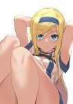  1girl arms_behind_head ashiomi_masato bangs blonde_hair blush breasts commentary_request eyebrows_visible_through_hair guilty_gear hairband looking_at_viewer millia_rage simple_background solo thighs white_background 