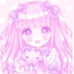  1girl :d bangs blush bow bunny-shaped_pupils commentary_request dress eyebrows_visible_through_hair hair_bow heart heart_background himetsuki_luna holding holding_stuffed_animal open_mouth original pink_background pink_hair puffy_short_sleeves puffy_sleeves purple_bow purple_dress short_sleeves smile solo stuffed_animal stuffed_bunny stuffed_toy symbol-shaped_pupils two_side_up upper_body violet_eyes 
