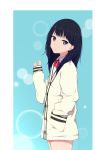  1girl bangs black_hair blue_background blue_eyes cardigan commentary_request eyebrows_visible_through_hair from_side hand_in_pocket l.tea long_hair long_sleeves looking_at_viewer red_ribbon ribbon solo ssss.gridman takarada_rikka white_cardigan 