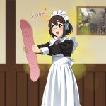  1girl :d brown_eyes brown_hair commentary english_text glasses hair_between_eyes long_sleeves maid maid_dress maid_headdress open_mouth original painting_(object) round_eyewear round_teeth short_hair skateboard smile solo suzushiro_(suzushiro333) teeth 