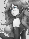  1girl android_21 blue_eyes breasts closed_mouth detached_sleeves dragon_ball dragon_ball_fighterz earrings glasses grey_background greyscale hoop_earrings jewelry kemachiku long_hair looking_at_viewer medium_breasts monochrome simple_background smile solo upper_body 