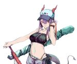  1girl arknights bangs bare_arms bare_shoulders baseball_cap bikini black_bikini breasts ch&#039;en_(arknights) commentary dokuro_deluxe dragon_horns dragon_tail english_commentary grin hair_between_eyes hand_up hat heart highres horns long_hair looking_at_viewer medium_breasts navel parted_lips pouch purple_hair red_eyes shorts simple_background smile solo stomach swimsuit tail upper_body white_background 
