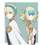  1boy 1girl absurdres armlet artist_request back-to-back backless_outfit black_shirt blonde_hair border breasts brother_and_sister castor_(fate/grand_order) closed_mouth collar diadem fate/grand_order fate_(series) grey_background highres looking_at_viewer medium_hair metal_collar parted_lips pauldrons pollux_(fate/grand_order) shirt short_hair siblings small_breasts smile twins violet_eyes white_border white_robe 
