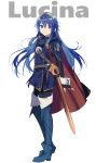  1girl arms_at_sides belt belt_buckle black_cape blue_eyes blue_hair boots buckle cape closed_mouth falchion_(fire_emblem) fingerless_gloves fire_emblem fire_emblem_awakening full_body gloves hair_ornament highres long_hair long_sleeves looking_at_viewer lucina lucina_(fire_emblem) ribbed_sweater ryon_(ryonhei) smile sweater sword symbol_in_eye thigh-highs thigh_boots tiara turtleneck very_long_hair weapon white_background wrist_cuffs 