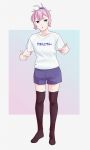  1girl alternate_costume aoba_(kantai_collection) black_legwear blue_eyes clothes_writing full_body gradient gradient_background highres kantai_collection looking_at_viewer ojipon pointing pointing_at_self ponytail purple_hair purple_shorts scrunchie shirt shorts solo standing t-shirt thigh-highs white_shirt 