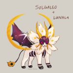  character_name commentary creature english_commentary fangs full_body fusion gen_7_pokemon grey_background lunala no_humans pokemon pokemon_(creature) signature simple_background solgaleo solo spaded-square violet_eyes 
