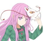  1girl arm_up expressionless eyebrows_visible_through_hair fox_mask green_shirt hata_no_kokoro head_tilt highres holding holding_mask long_hair long_sleeves looking_at_viewer mask mask_on_head midori_08 plaid plaid_shirt purple_hair purple_neckwear purple_ribbon ribbon shirt simple_background solo standing star touhou upper_body very_long_hair violet_eyes white_background 