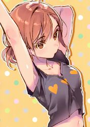  1girl absurdres ahoge arm_up armpits arms_behind_head arms_up bangs bare_arms black_shirt bra bra_strap breasts brown_eyes brown_hair closed_mouth collarbone dsmile eyebrows_visible_through_hair heart heart_print highres medium_hair midriff misaka_mikoto navel shirt small_breasts solo stomach to_aru_kagaku_no_railgun to_aru_majutsu_no_index underwear 