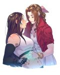  2girls aerith_gainsborough bandages black_hair bow bracelet brown_hair crop_top dress elbow_gloves final_fantasy final_fantasy_vii final_fantasy_vii_remake gloves hair_bow healing jacket jewelry kathryn_layno looking_at_another multiple_girls navel pink_dress red_jacket scar simple_background smile stomach tank_top tifa_lockhart undershirt upper_body yuri 